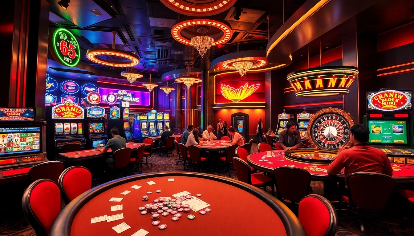 Experience keonhacai excitement at a vibrant casino filled with poker tables and slot machines.