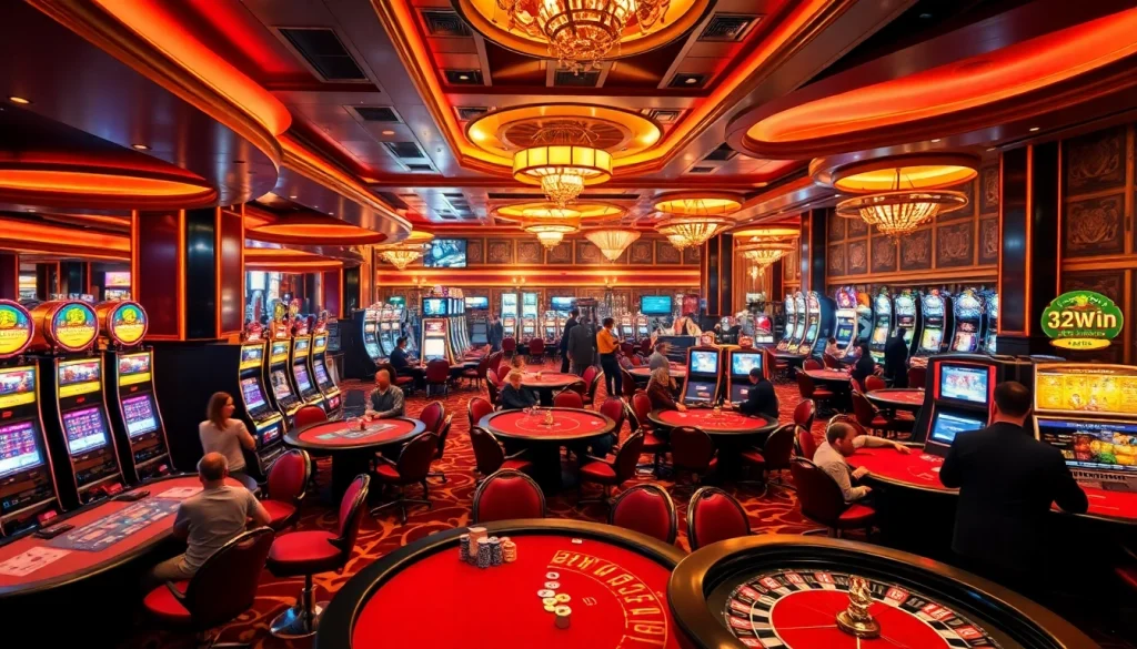Players enjoying various games at the luxurious 32win casino, surrounded by sparkling slot machines and colorful roulette wheels.