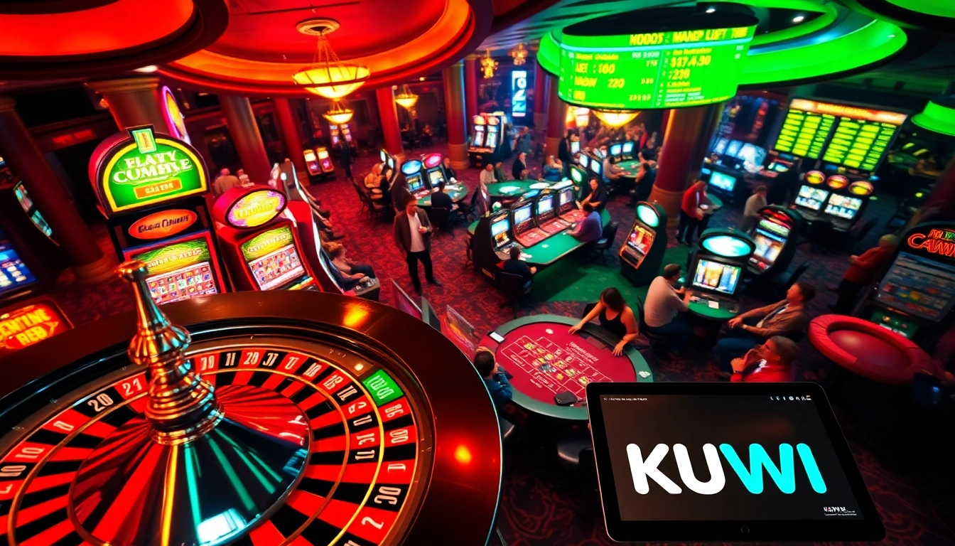 Experience the thrill of KUWIN at a bustling casino, with players around lively tables and slot machines.
