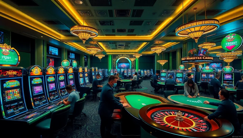 Experience the thrill at 789BET with players engaged at casino tables and dynamic slot machines.