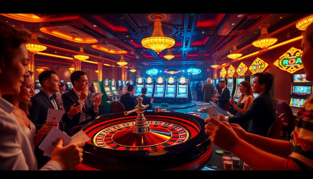 Experience the adrenaline of winning at https://f8beta2.me/ with players at a roulette wheel in a vibrant casino atmosphere.