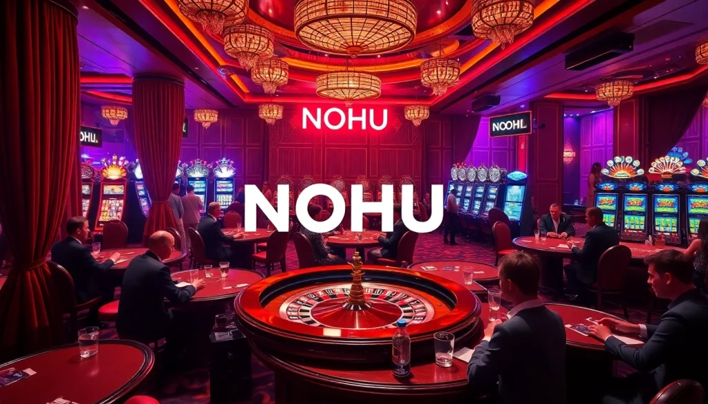 NOHU casino scene illustrating intense high-stakes gambling with rich textures and a roulette wheel.