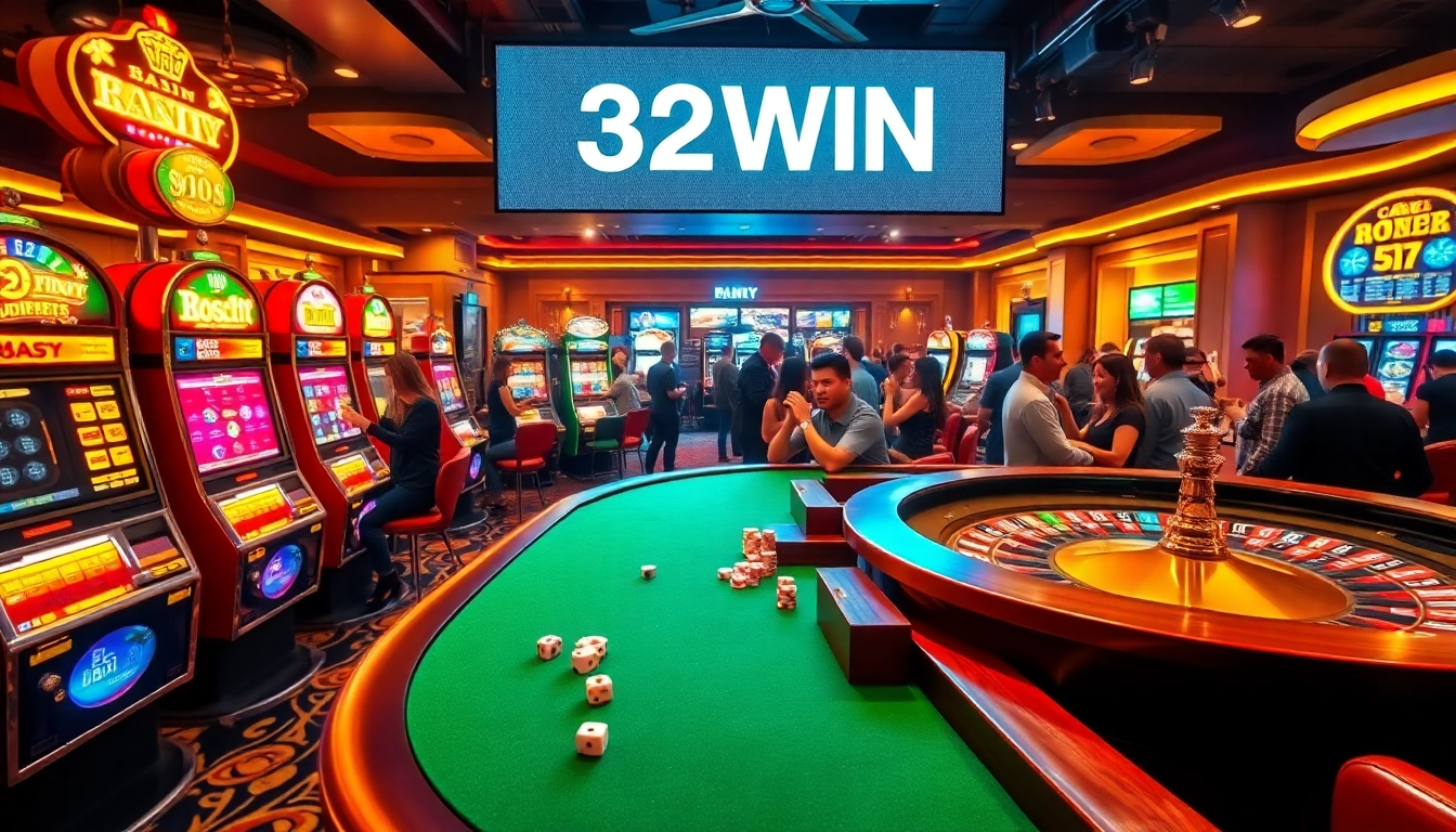 32WIN casino scene showcasing vibrant slot machines, poker chips, and thrilling players at a roulette table.