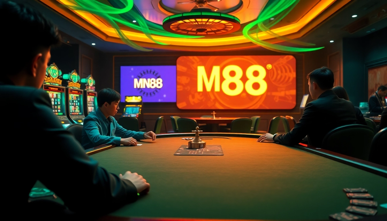 Experience the excitement of MM88 at a crowded poker table, showcasing intense players and glamorous casino decor.