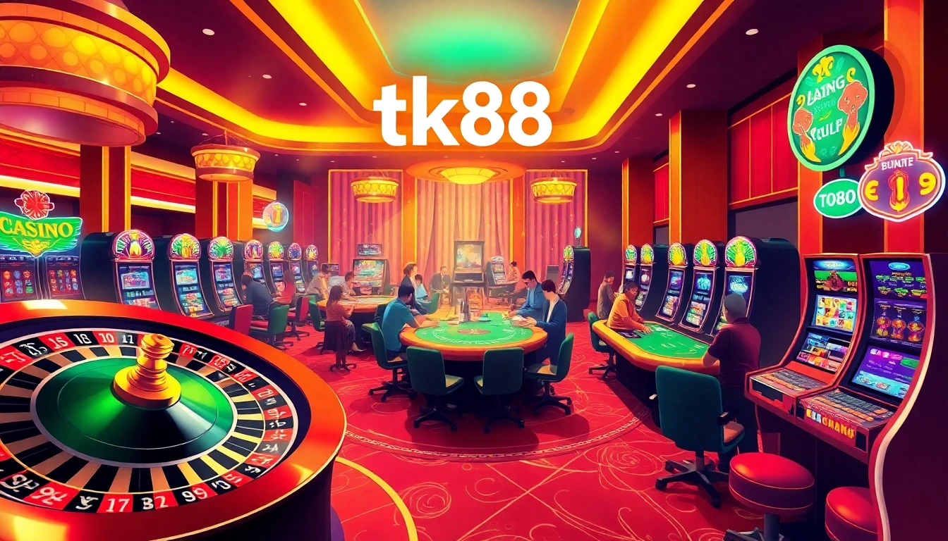Experience the thrills of tk88 at a lively casino with roulette and card games in action.