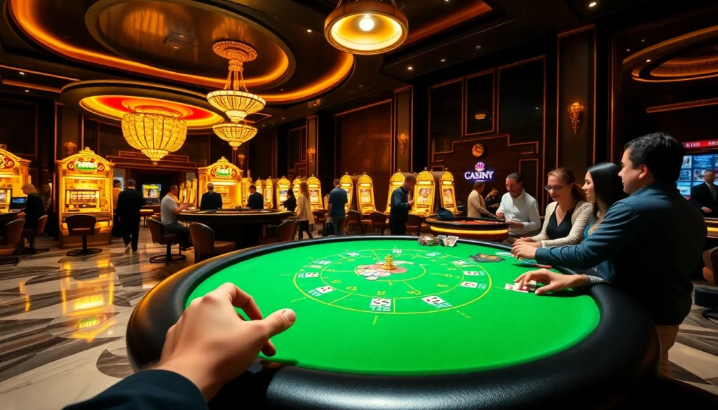 Experience excitement at 79king's casino with players at a vibrant poker table and spinning roulette wheel.