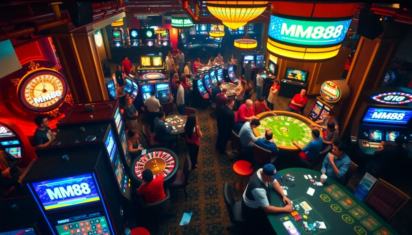 Experience the thrill of MM88 casino with vibrant roulette tables and excited players.