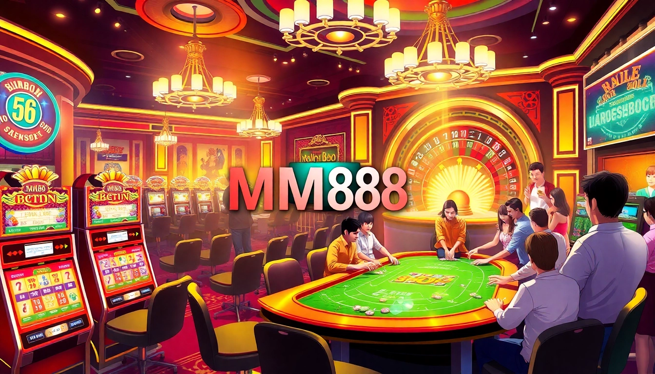 MM88 casino setting showcasing engaging poker games and vibrant slot machines.