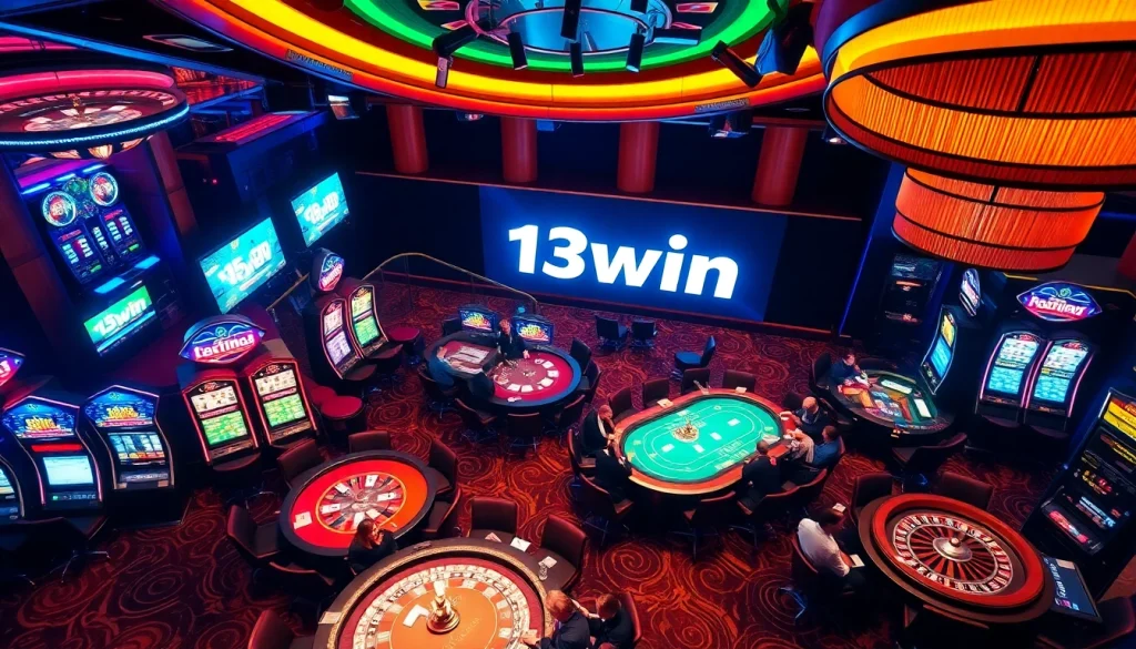 Experience the thrill of high-stakes gambling with 13win, showcasing dynamic casino games, vibrant slot machines, and engaging players.