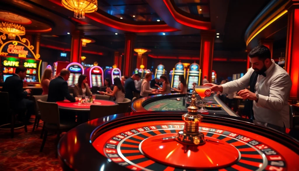Exciting casino scene featuring players around a table and vibrant go 8 labeled poker chips ready for thrilling gameplay.