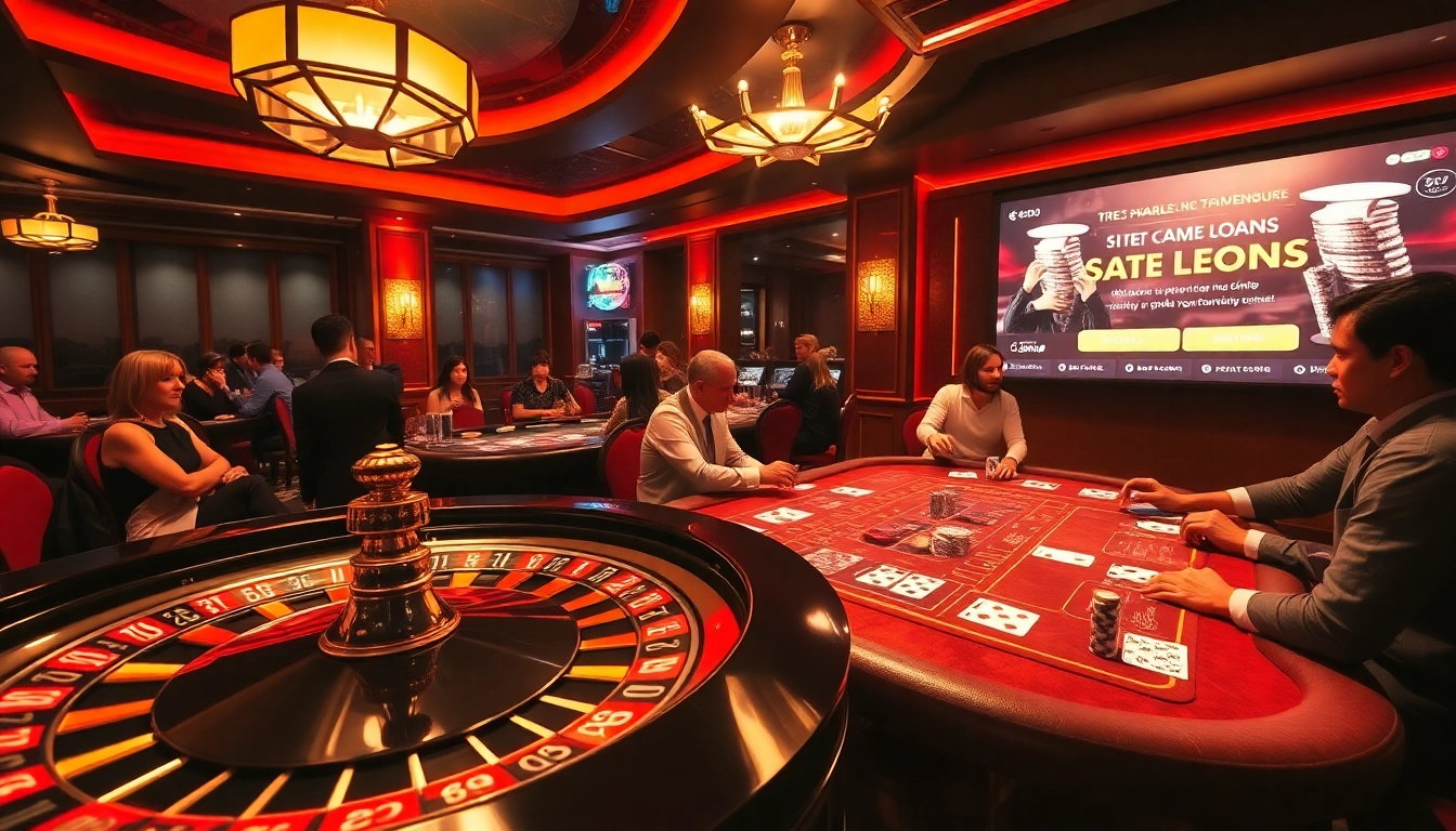 A bustling casino scene featuring a roulette table and players, highlighting the best payday loans UK direct lender seamlessly integrated in the vibrant gambling environment.