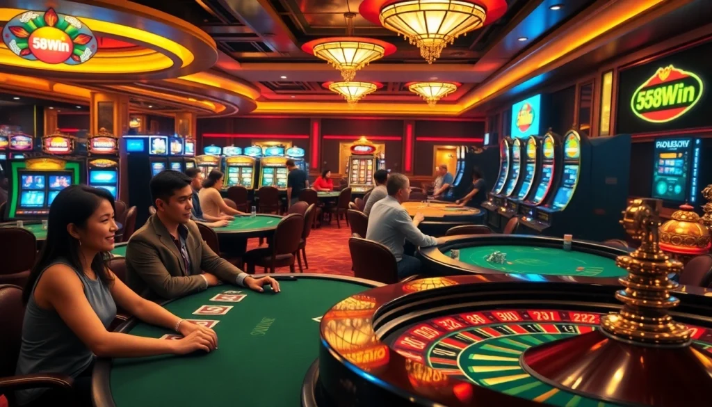 Experience the excitement of gambling at 58Win's vibrant casino tables with eager players and spinning roulette wheels.