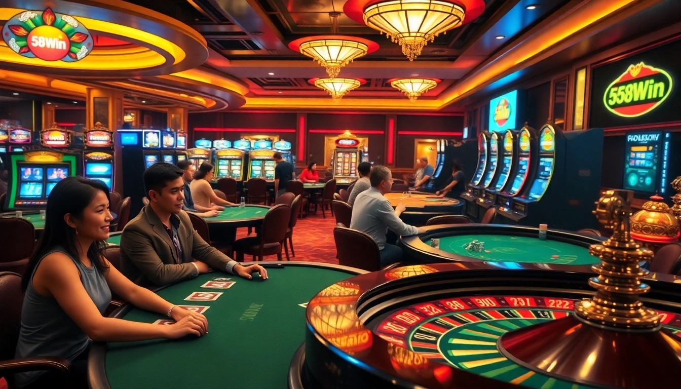 Experience the excitement of gambling at 58Win's vibrant casino tables with eager players and spinning roulette wheels.
