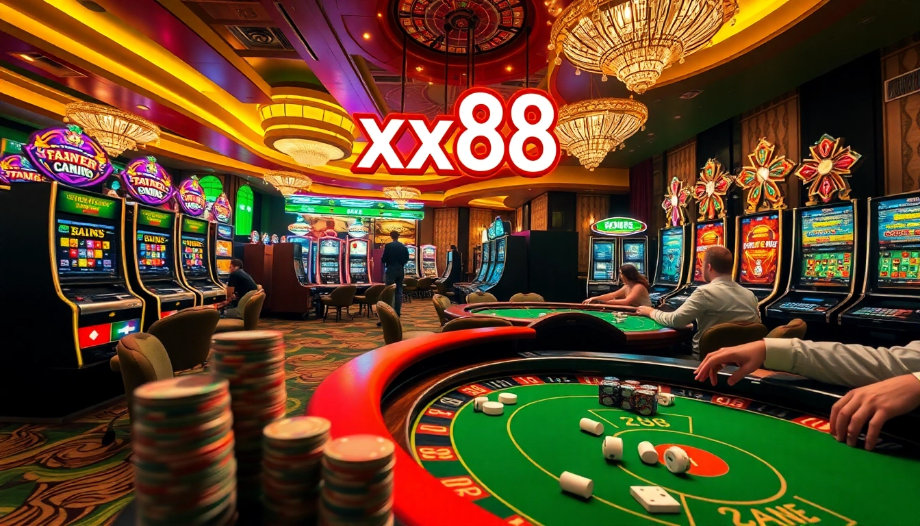 Experience the thrill of xx88 as players engage in an intense poker game surrounded by vibrant casino elements.