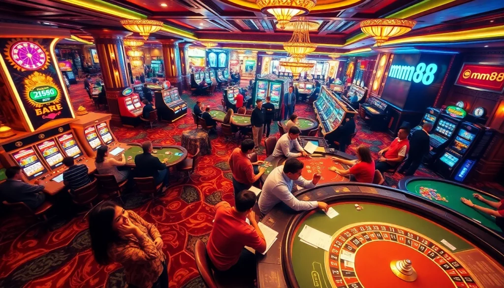 Engage with mm88's dynamic casino games featuring players at tables and vibrant slot machines, showcasing thrilling moments of anticipation.