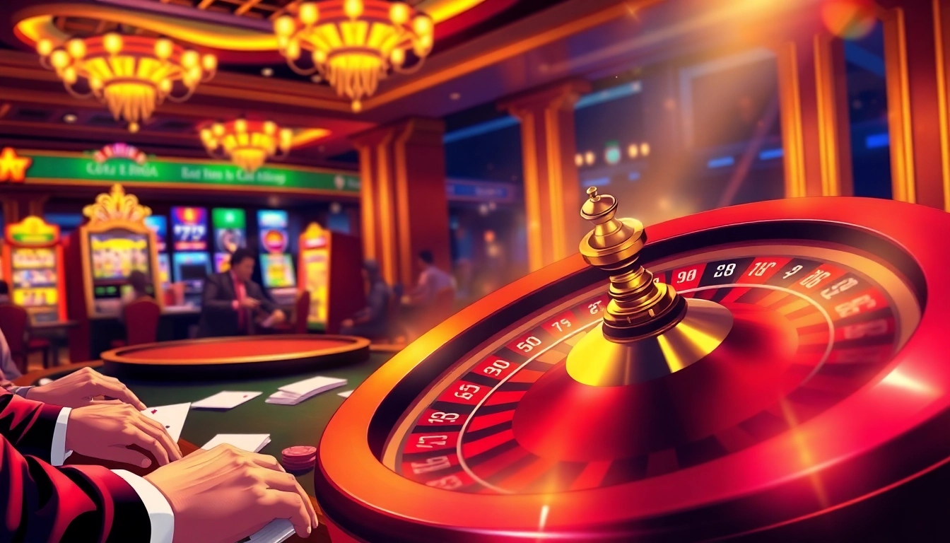 Experience the thrill of a casino with lively games and action at https://m88zo.com, featuring vibrant tables and spinning roulette wheels.