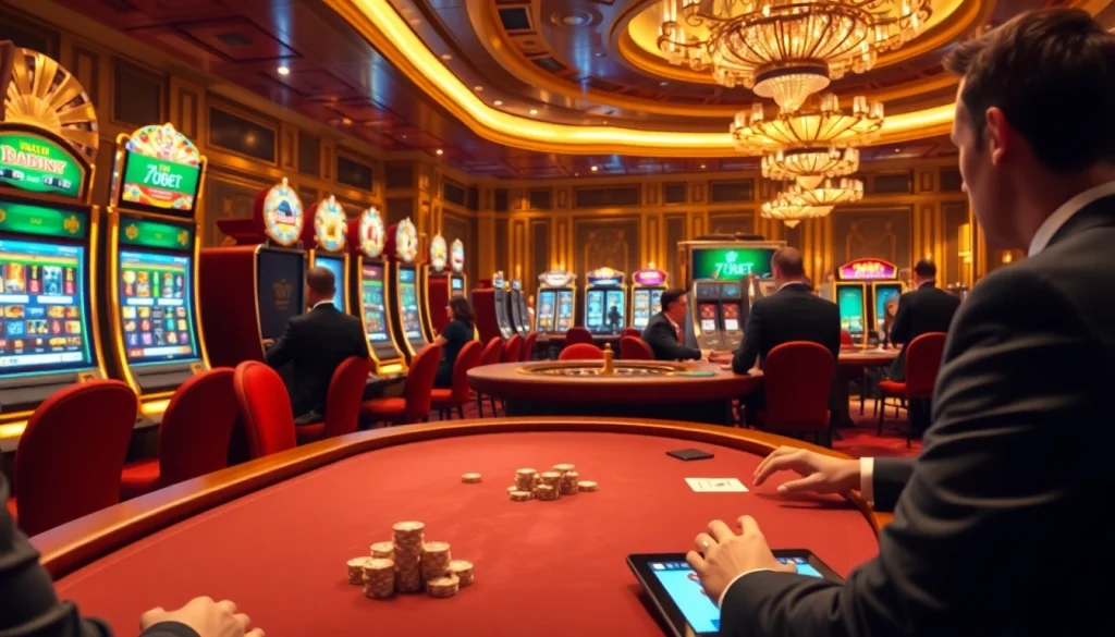 Experience the thrill of gambling with 789BET at a vibrant casino, featuring dynamic slot machines and a lively roulette table.