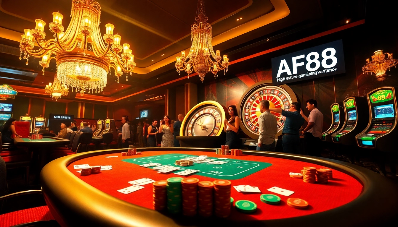 Experience the excitement of AF88 at a luxury poker table with colorful chips and cards amidst casino glamour.