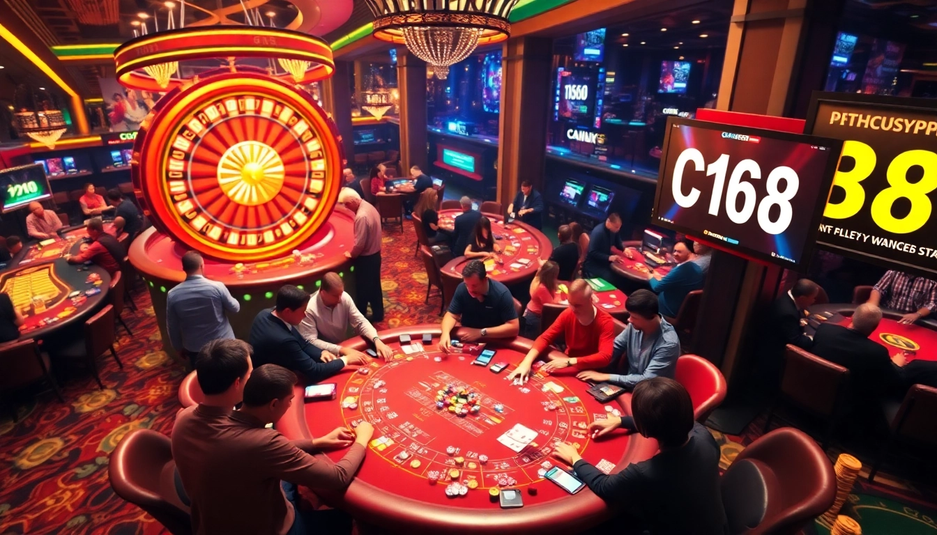 C168 promotional banner shines at a lively poker table surrounded by enthusiastic gamblers and vibrant casino decor.