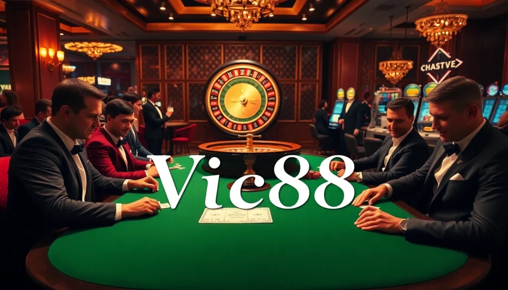 Vic88 casino players enjoying a thrilling poker game, highlighting excitement and luxury.