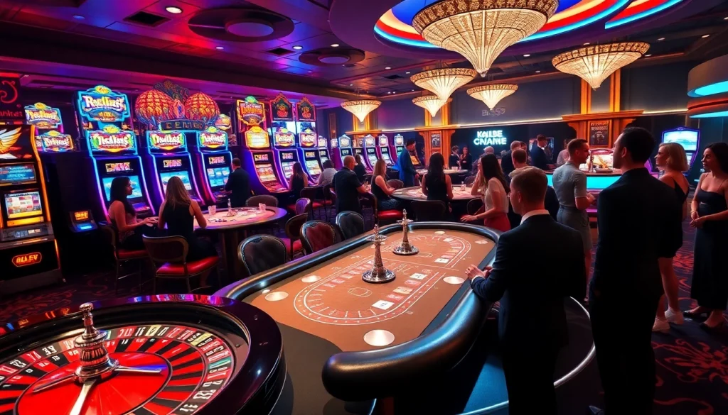 BL555 casino setting with dynamic gaming, elegant tables, and lively players enjoying the thrill of gambling.