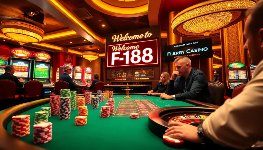 Experience the thrill of F168 Casino with vibrant poker tables, roulette wheels, and dazzling slot machines.
