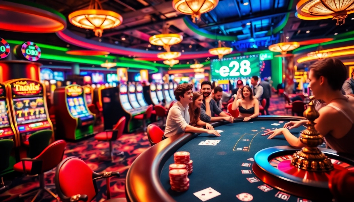 e28 winning moment at a blackjack table in an upscale casino, vibrant atmosphere.
