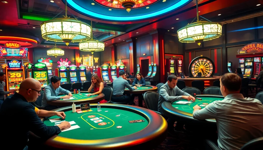 Exciting gameplay at a luxury casino featuring 888b branded poker tables and colorful slot machines, evoking thrill.