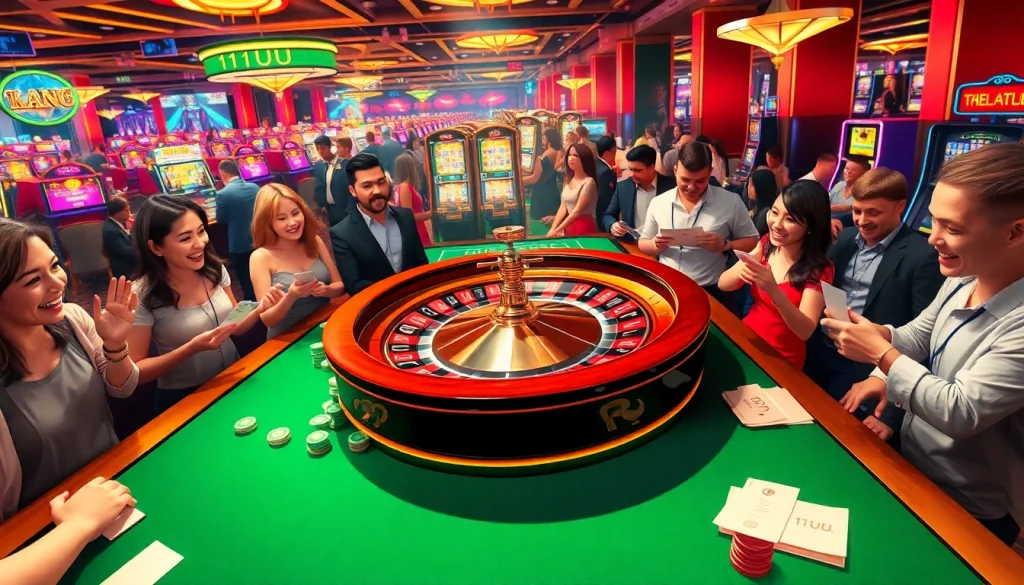 11UU players at a vibrant roulette table, showcasing high-stakes excitement in a bustling casino scene.