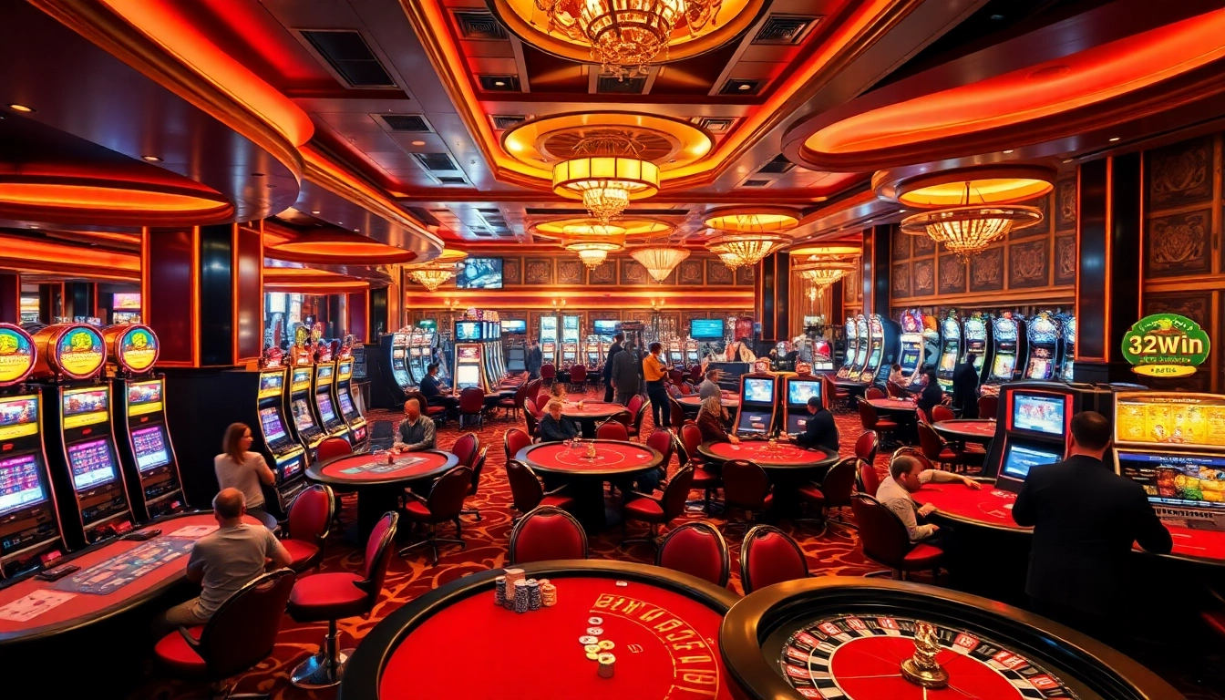 Players enjoying various games at the luxurious 32win casino, surrounded by sparkling slot machines and colorful roulette wheels.