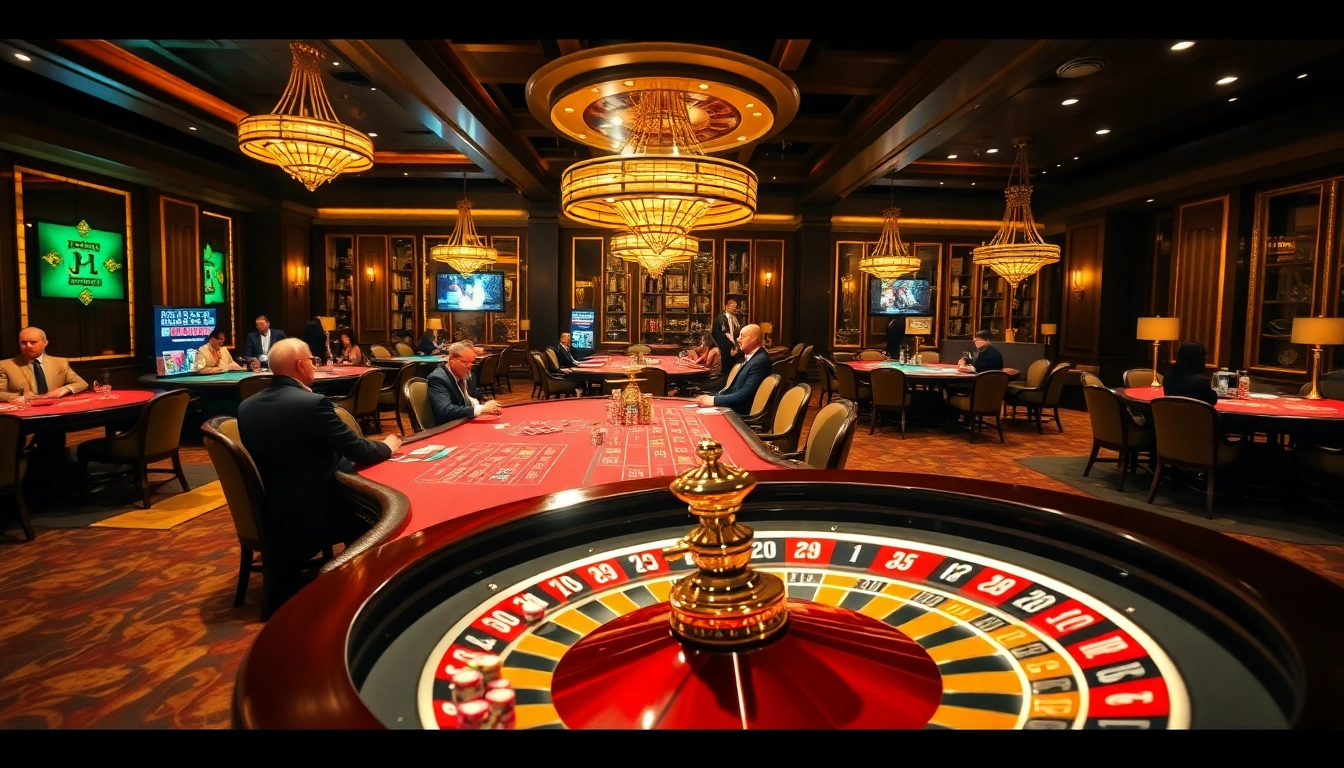 Experience the excitement of gambling at uu88.hu.net with players enjoying poker and roulette in a glamorous casino setting.