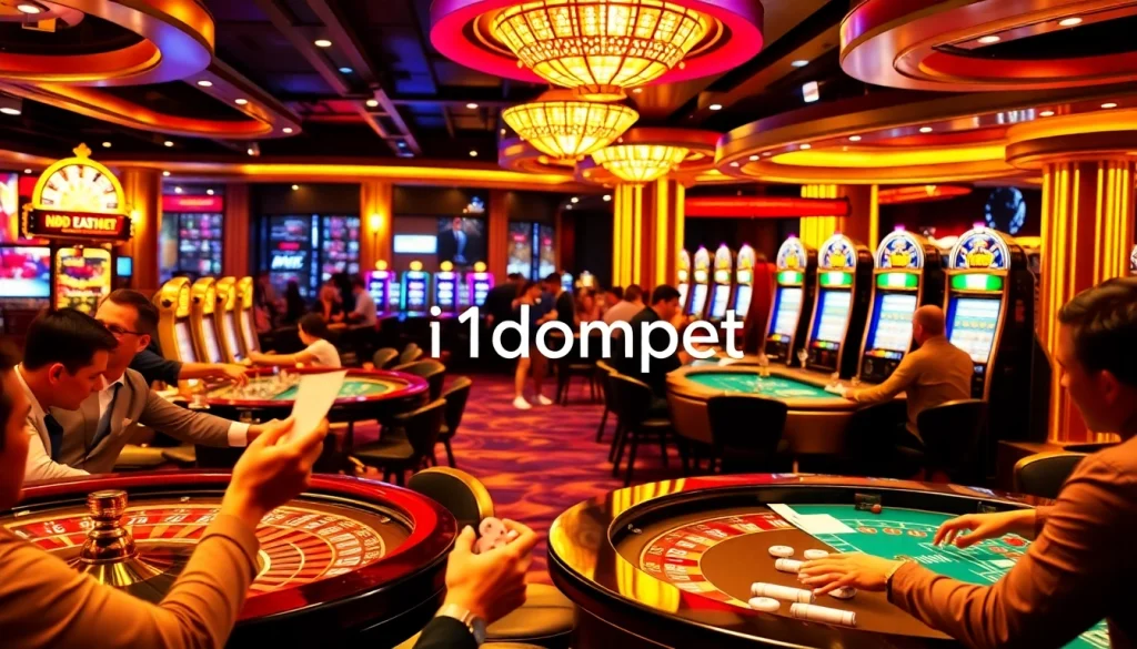 i1dompet enhances the thrill of online gambling with players enjoying dynamic tables and vibrant slot machines.