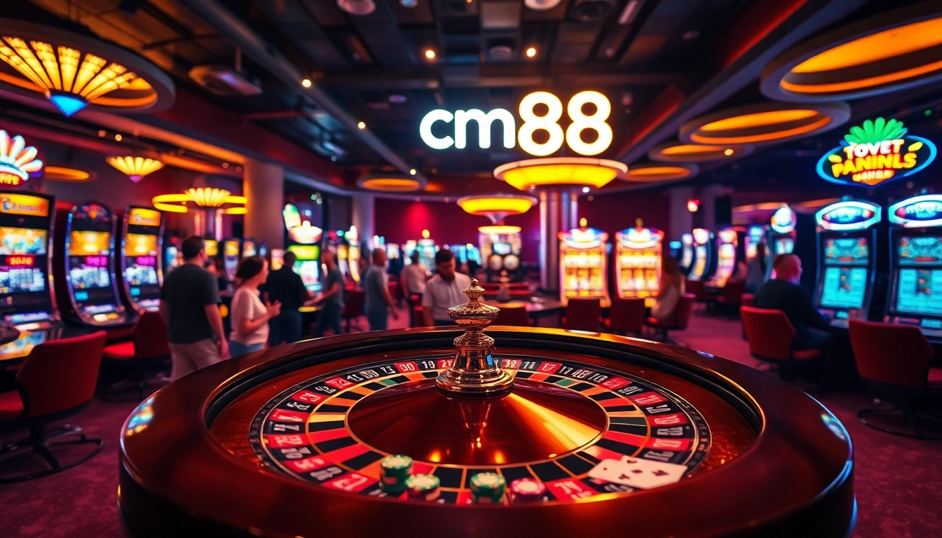 Experience the thrilling gaming atmosphere at cm88 casino featuring vibrant roulette tables and illuminated slot machines.