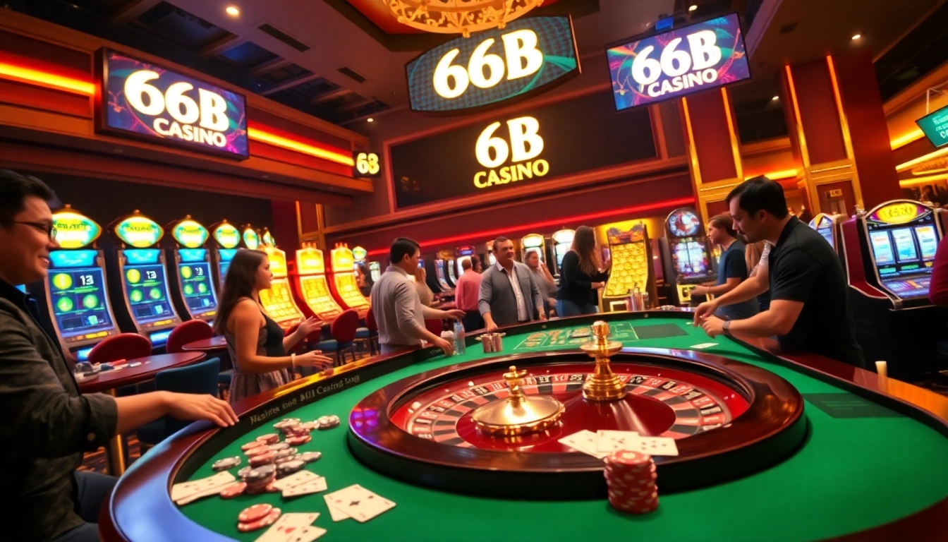 The excitement of 66B Casino comes alive as players place bets at a roulette table, vibrant poker chips in play.
