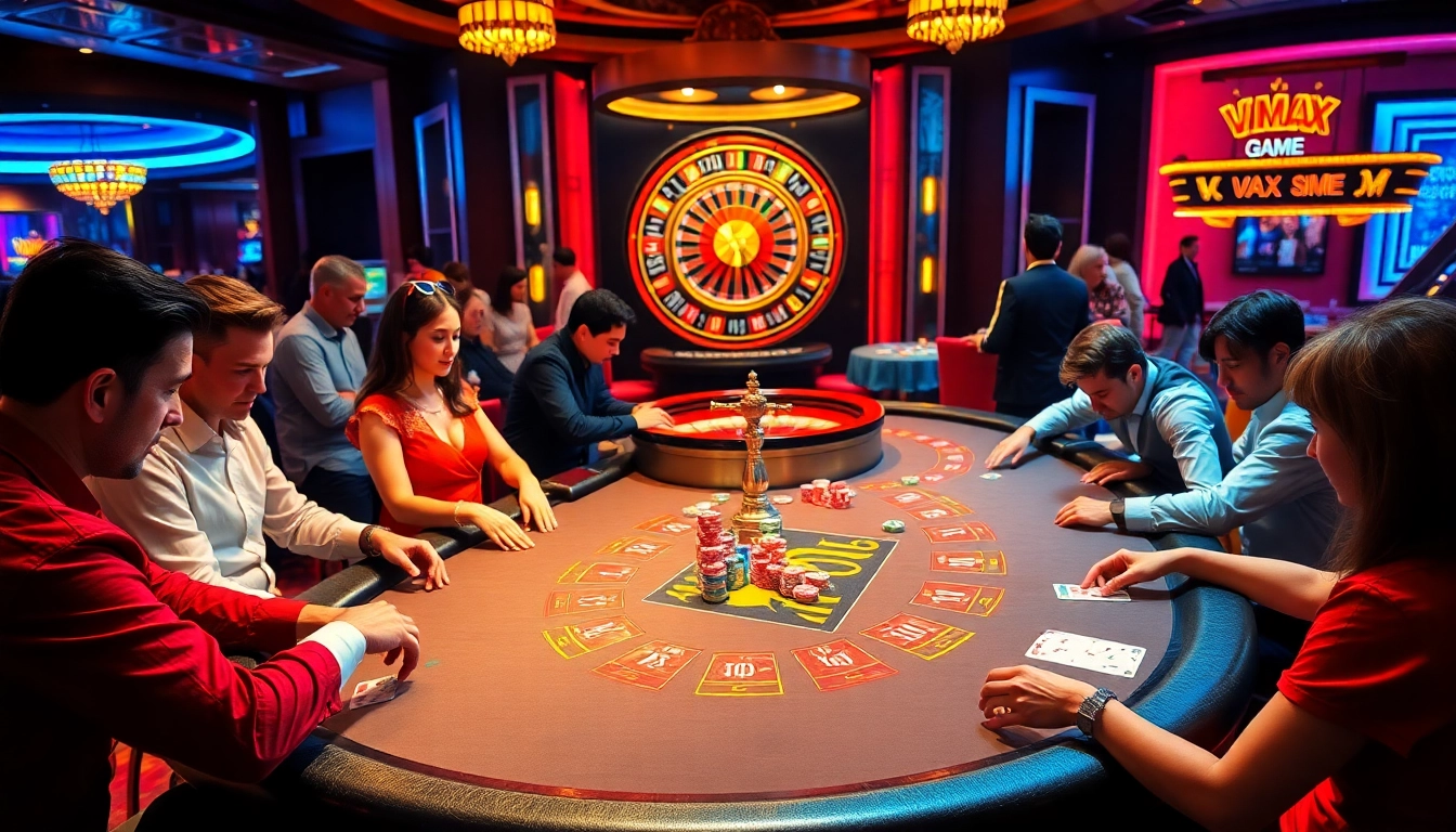 Players strategizing at a VMAX Game poker table in a lively casino atmosphere.