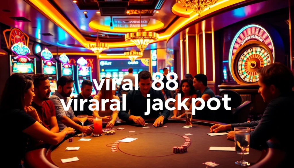 Players celebrating a viral88 jackpot win at a packed casino with colorful tables and vibrant slot machines.
