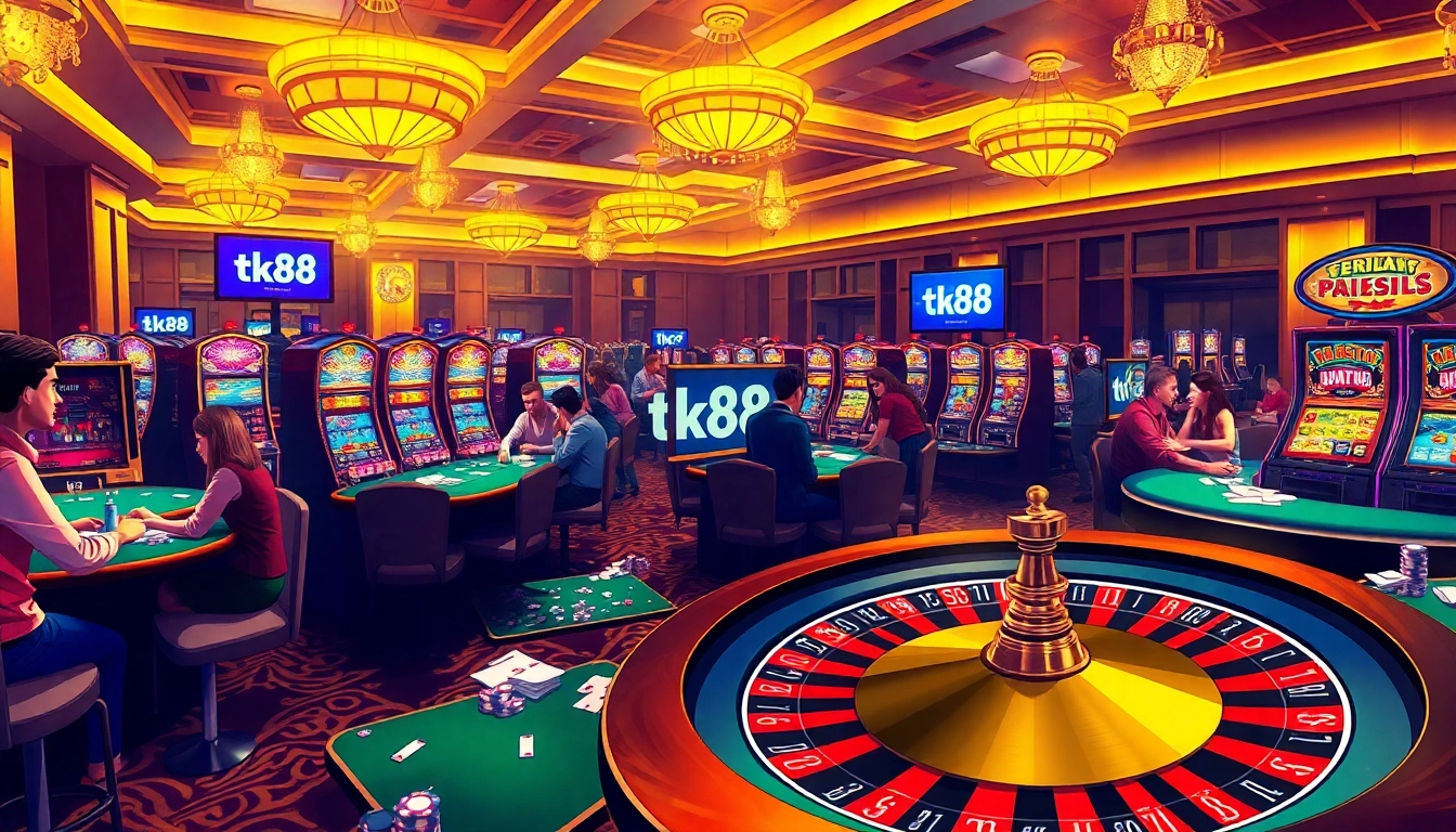tk88 enthusiasts engaging at a vibrant casino table, highlighting betting excitement.