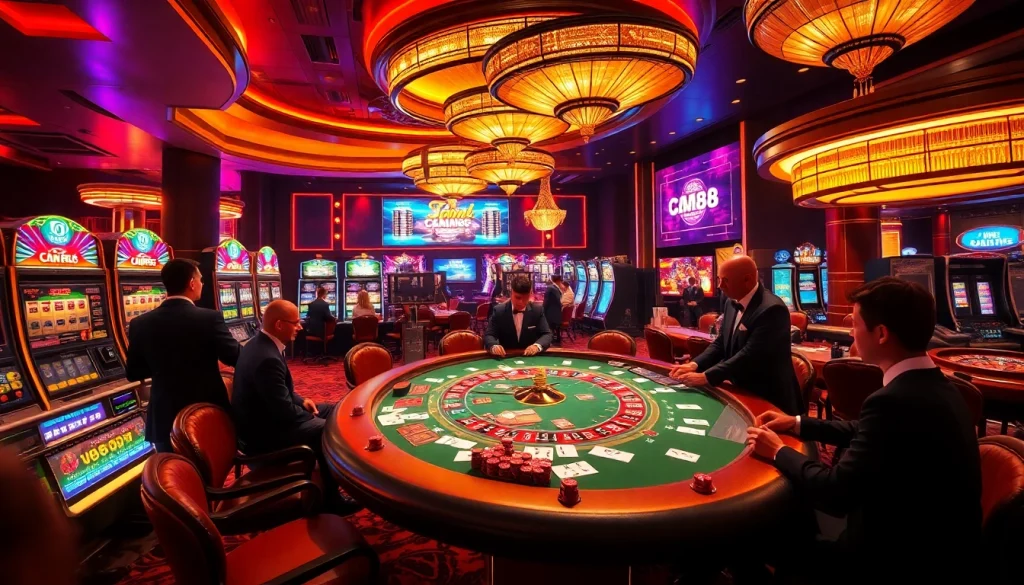 Thrilling cm88 casino gaming scene with vibrant slot machines and players at poker tables.