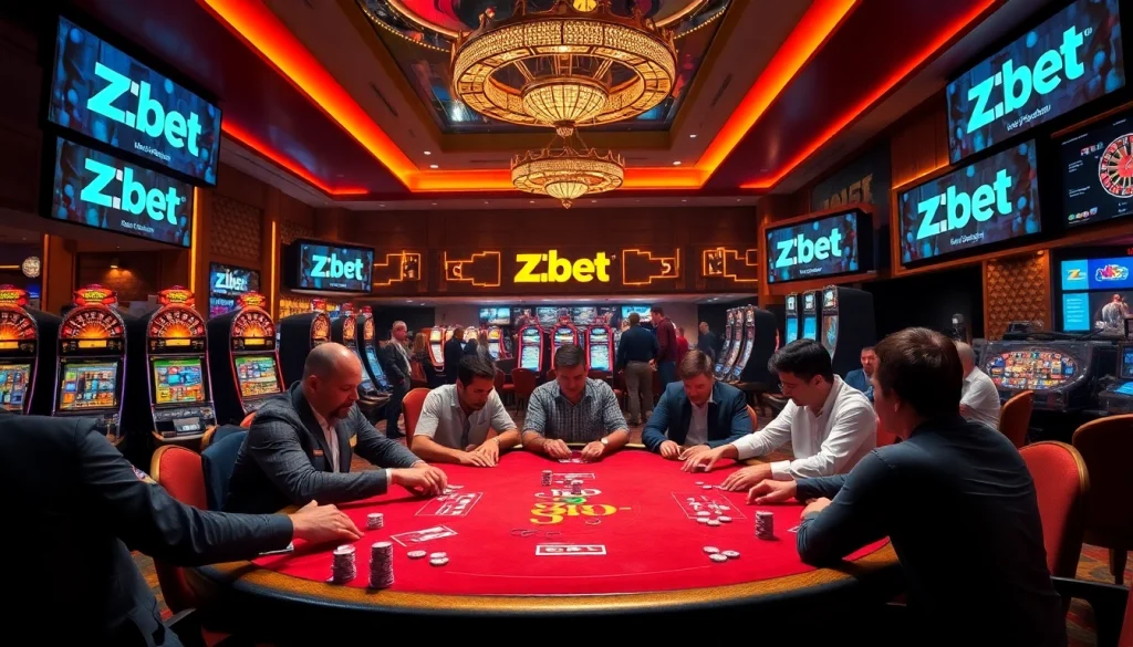 Zbet poker players engaging in a high-stakes game at a lively casino table.