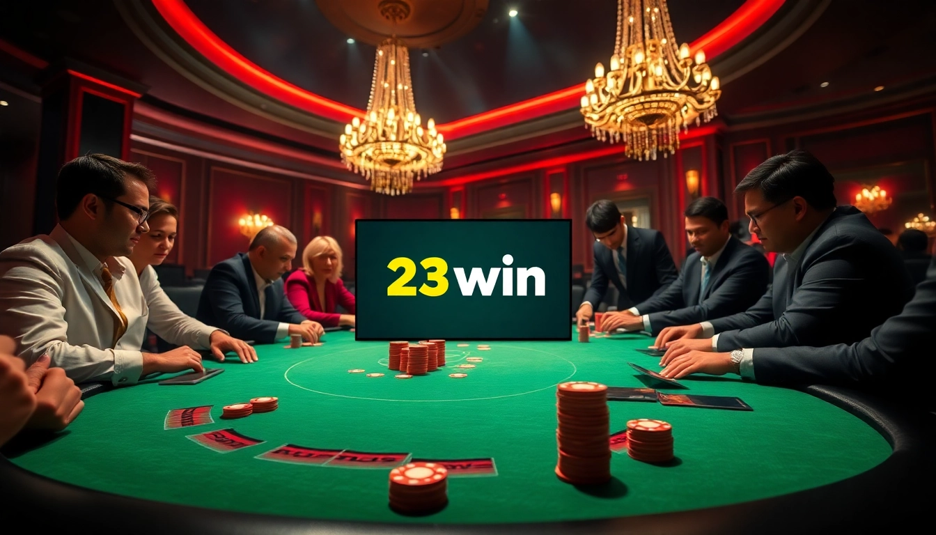 Players at a 23win poker table focus intently on a high-stakes game, chips stacked, and a dealer in a tuxedo.