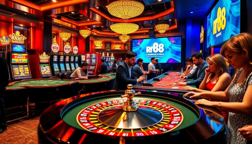 rr88 casino experience showcasing players at roulette, poker, and slot machines.