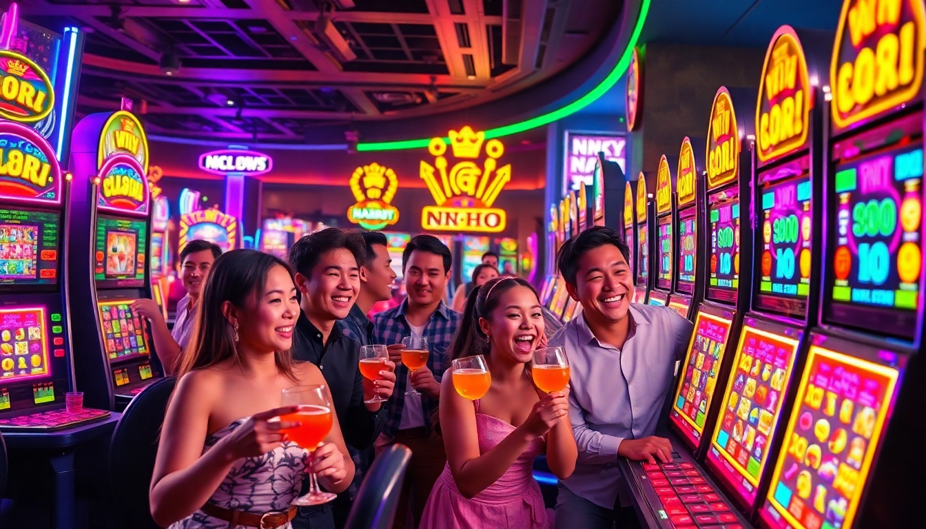 Players celebrating big wins on nổ hũ slot machines in a lively casino scene.