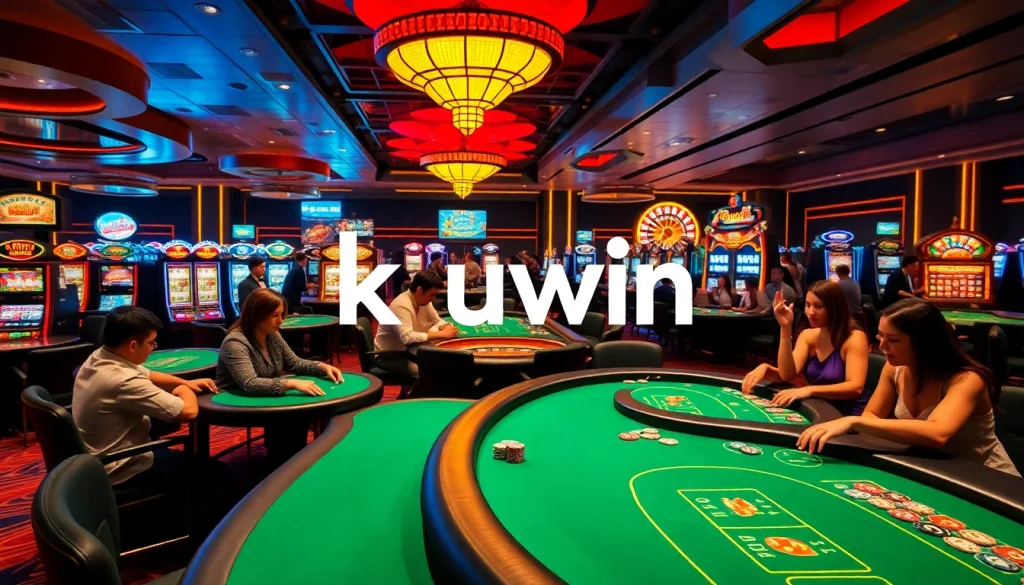 Discover the thrilling kuwin gambling experience with vibrant casino tables, poker chips, and exciting players engaged in high-stakes games.