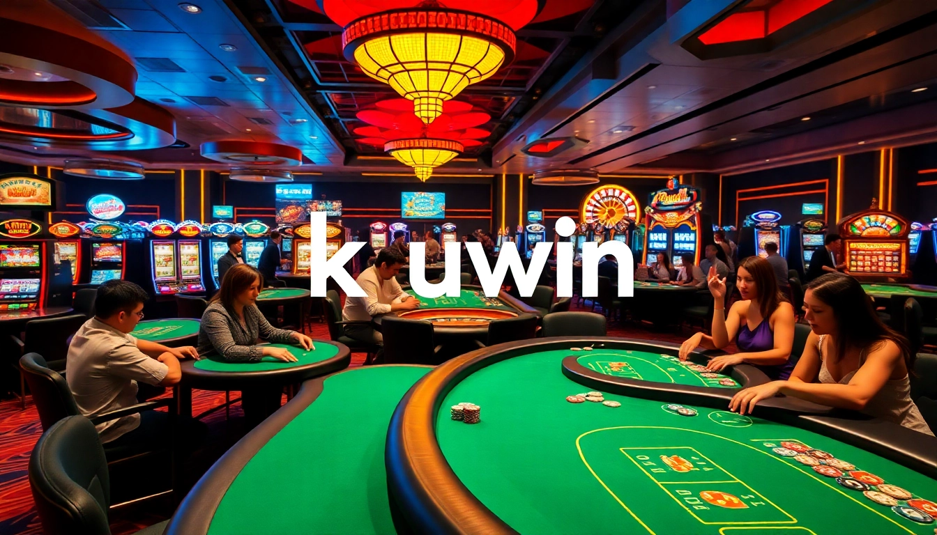 Discover the thrilling kuwin gambling experience with vibrant casino tables, poker chips, and exciting players engaged in high-stakes games.
