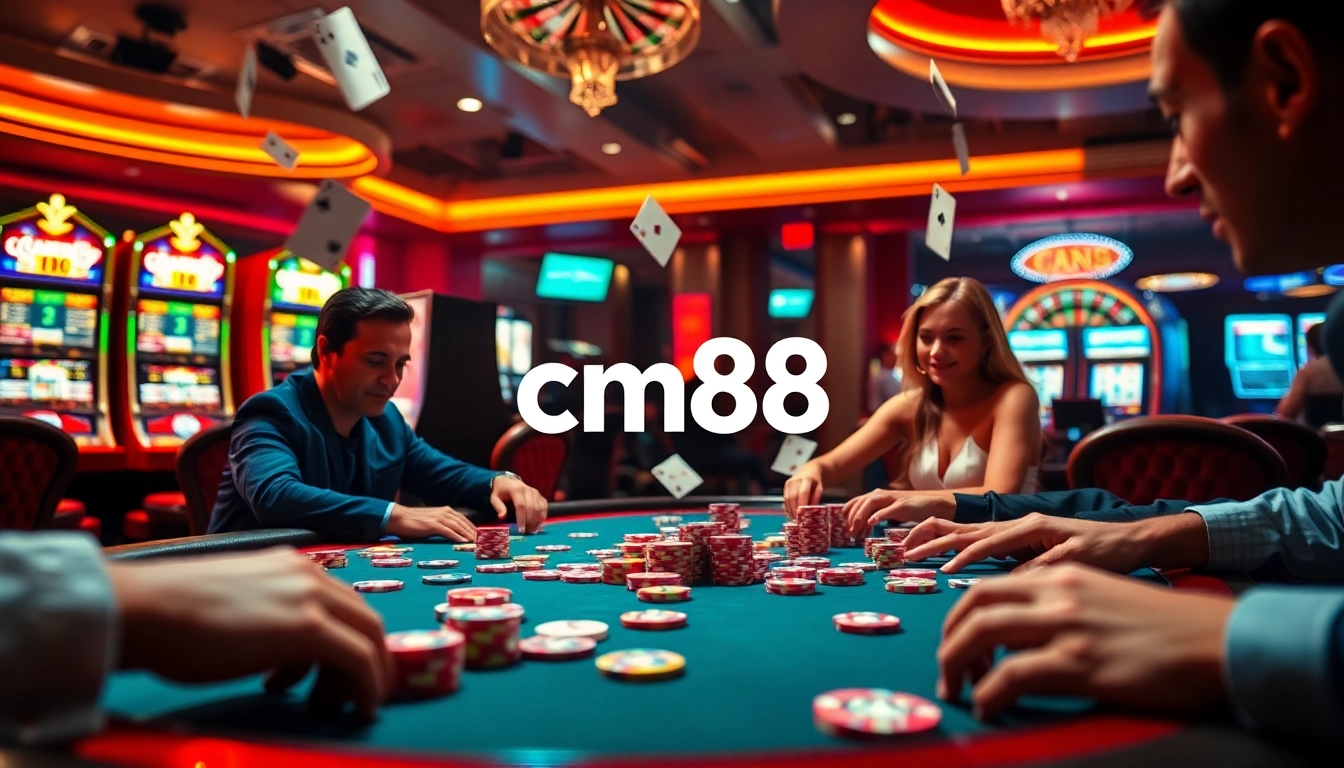 Experience the thrill at cm88's luxurious poker table with vibrant chips and intense player action.