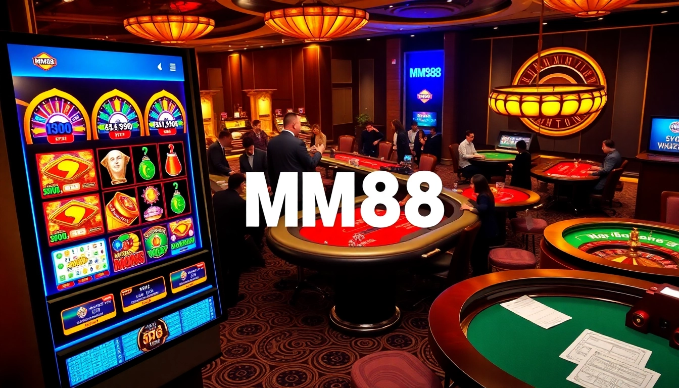 MM88 casino players enjoying vibrant slot games and classic poker action in a lively gaming atmosphere.