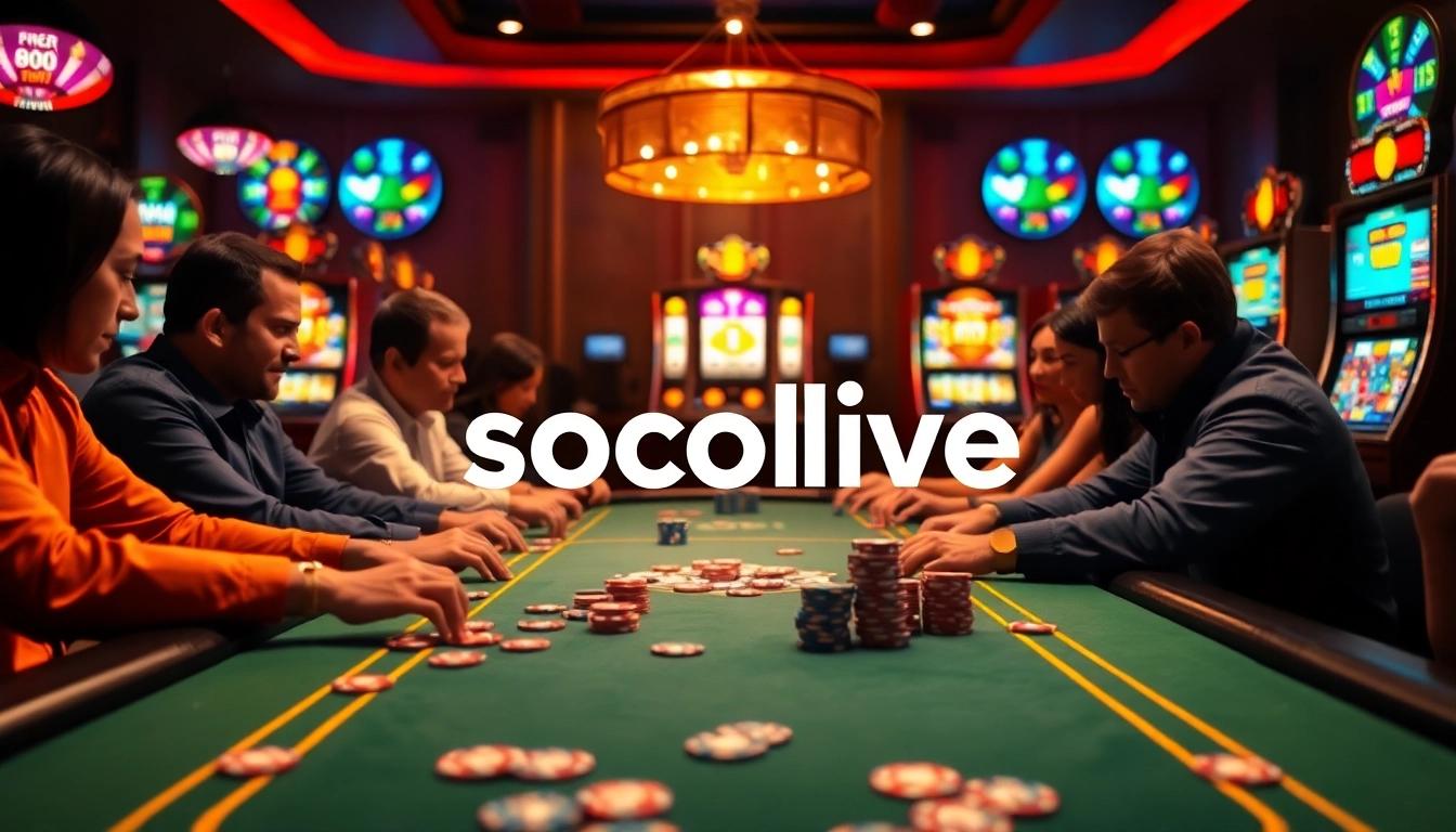Enjoy the thrilling experience at socolive poker tables with players engaged in high-stakes action, illuminated by colorful slot machines.