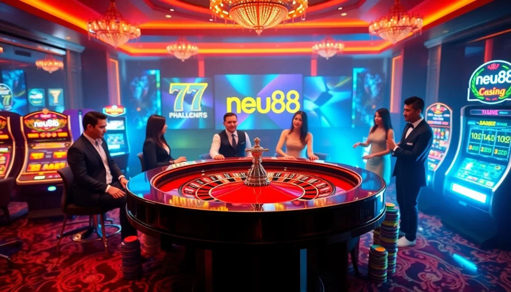 Experience the excitement at neu88 casino tables with vibrant roulette, flashing chips, and jubilant gamblers.