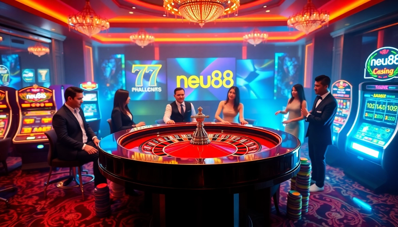 Experience the excitement at neu88 casino tables with vibrant roulette, flashing chips, and jubilant gamblers.