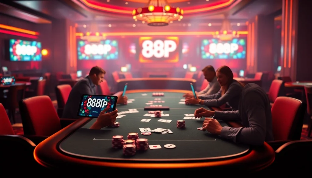 Experience the excitement of online poker with 888P as players engage in thrilling hands at a digital casino table.